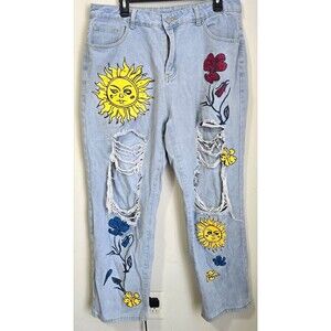 SHEIN Curve 1XL Distressed Sunflower Floral Jeans Light Wash High Rise Straight